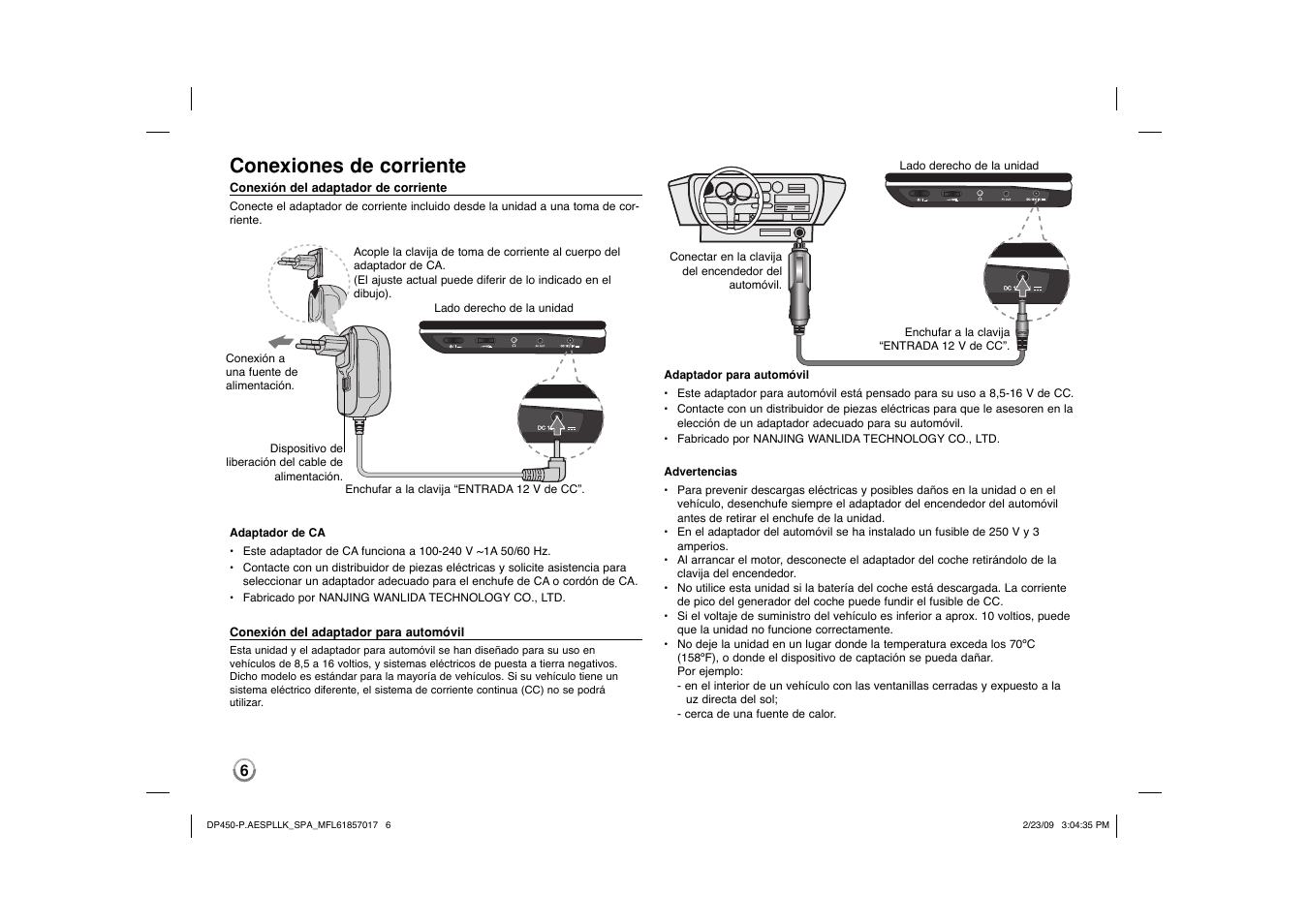 Conexiones de corriente | LG DP450 User Manual | Page 20 / 70