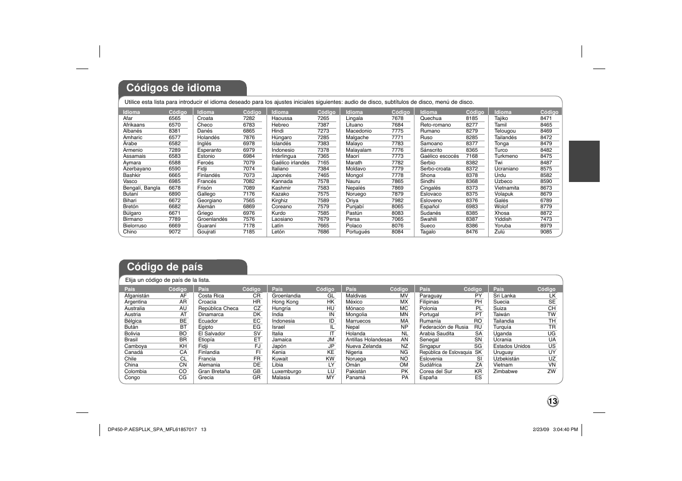 Código de país, Códigos de idioma | LG DP450 User Manual | Page 27 / 70