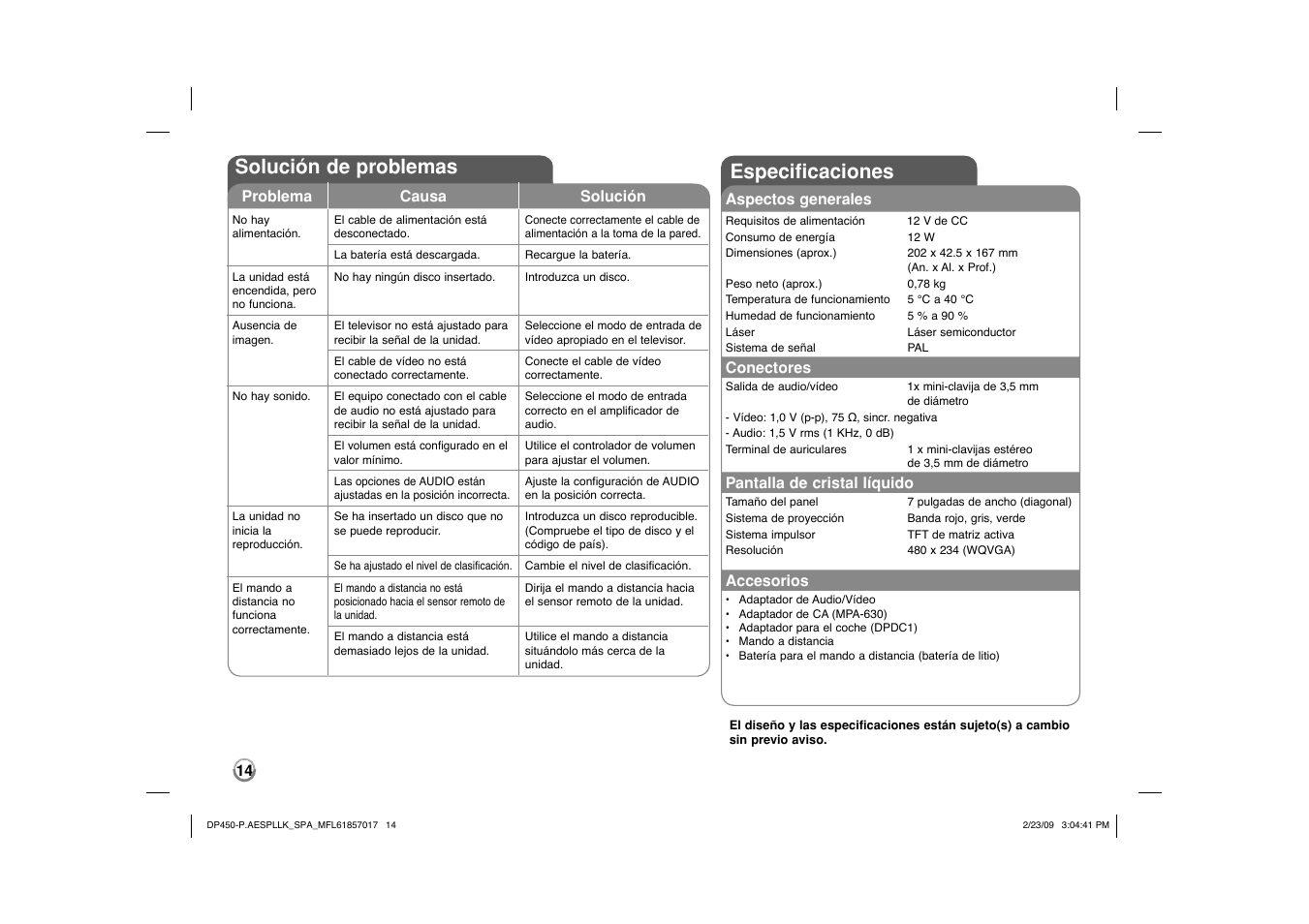 Solución de problemas, Especificaciones | LG DP450 User Manual | Page 28 / 70