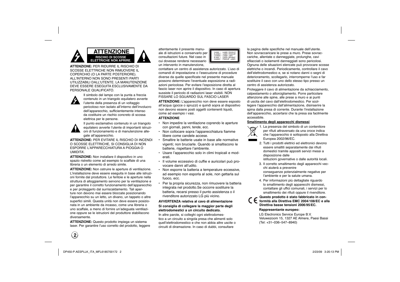 Attenzione | LG DP450 User Manual | Page 30 / 70