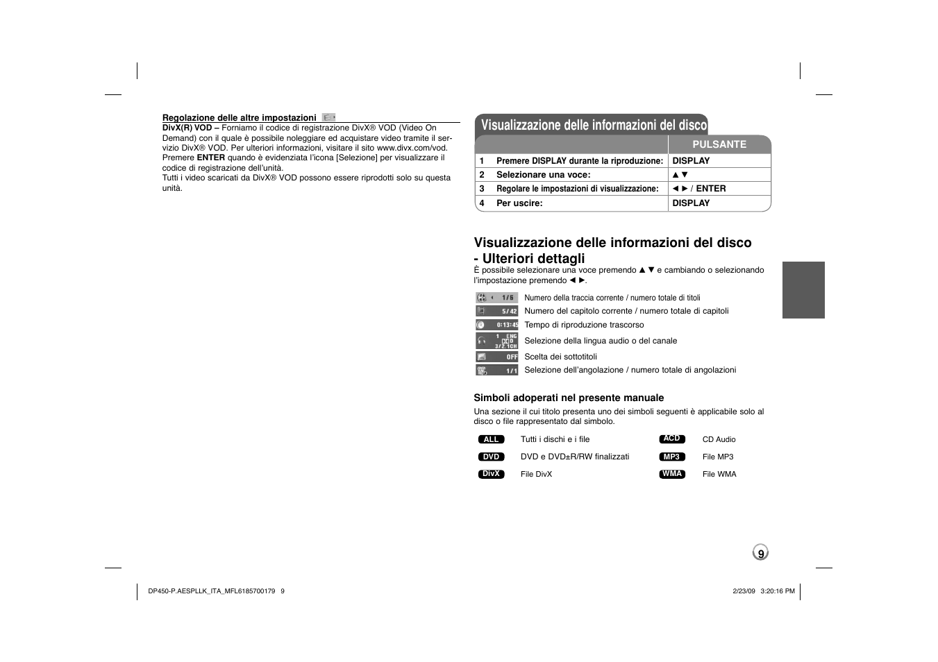 Visualizzazione delle informazioni del disco | LG DP450 User Manual | Page 37 / 70