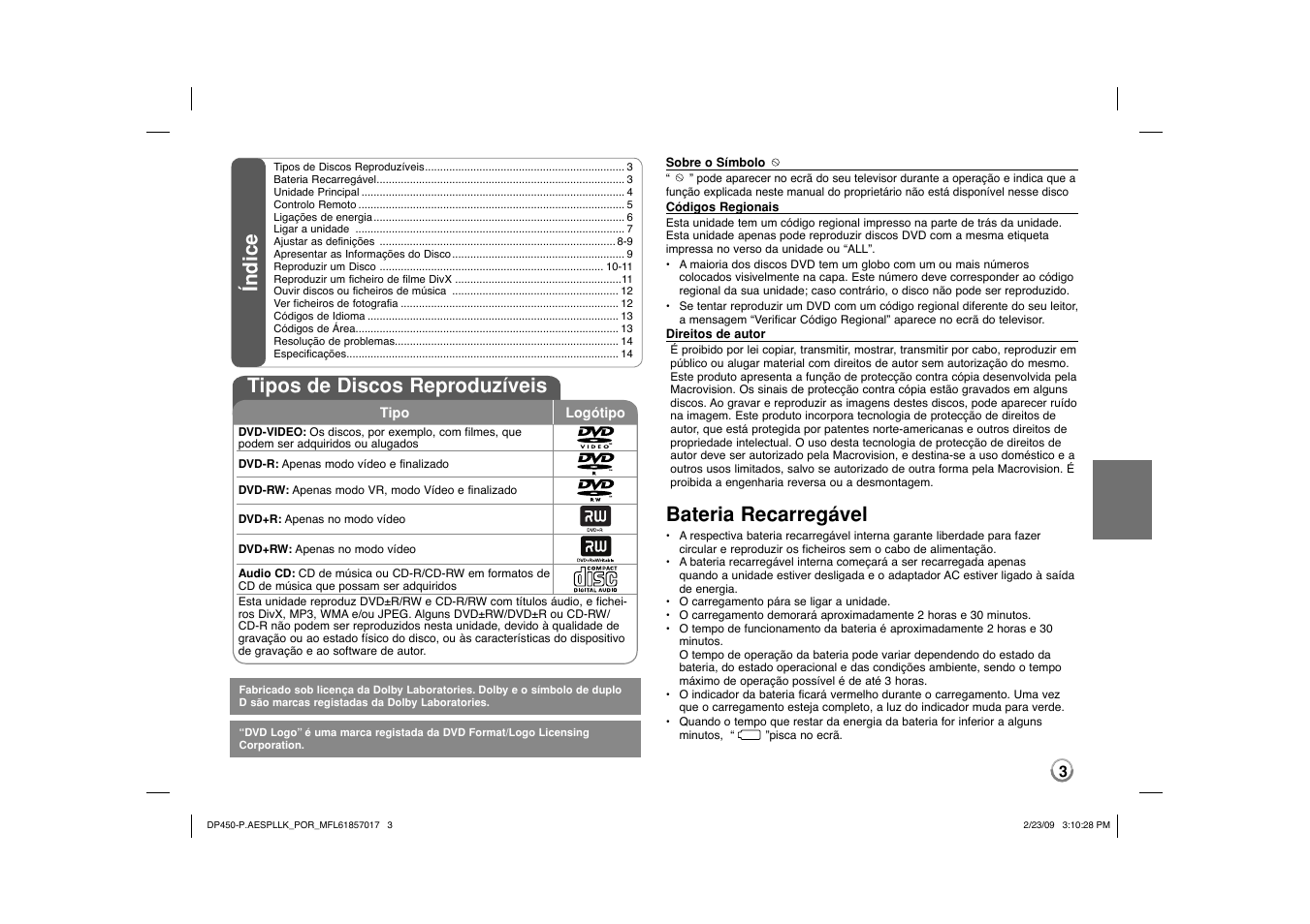 Índice tipos de discos reproduzíveis, Bateria recarregável | LG DP450 User Manual | Page 45 / 70