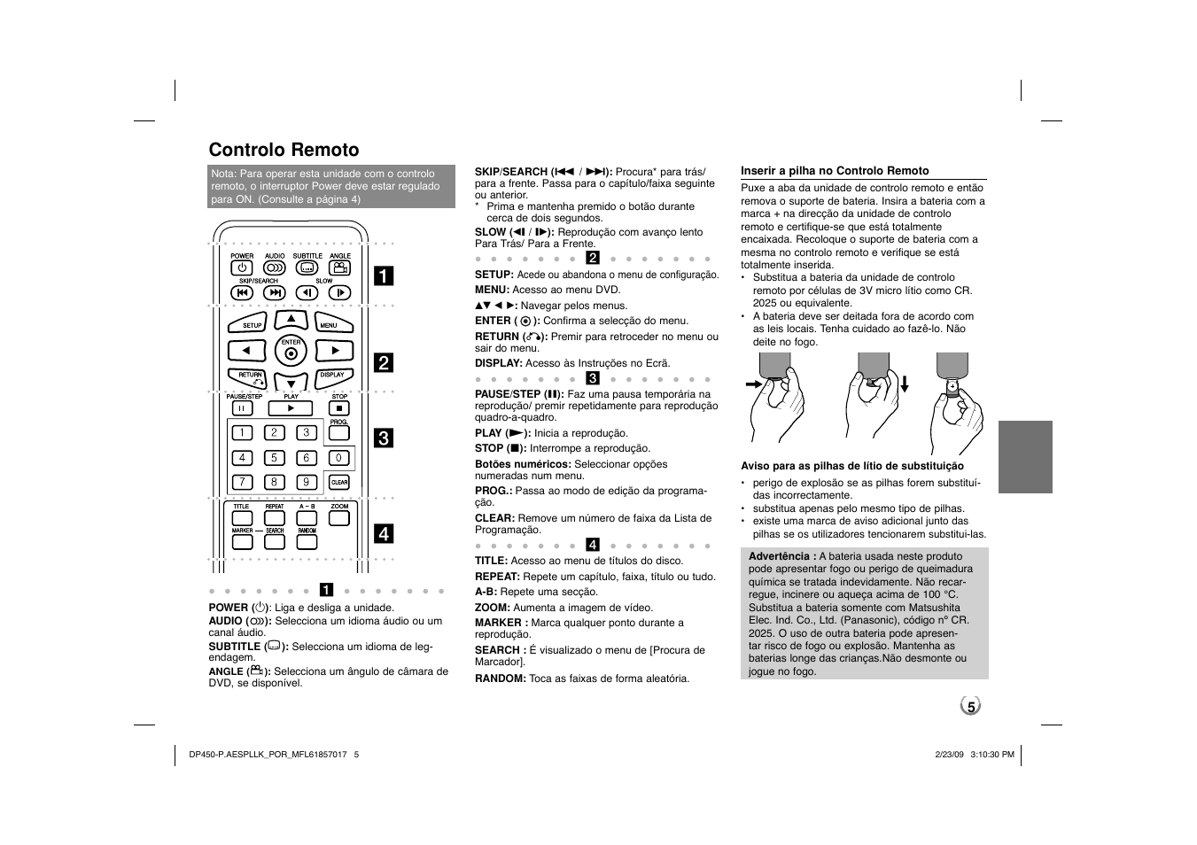 Controlo remoto, Ab c d | LG DP450 User Manual | Page 47 / 70