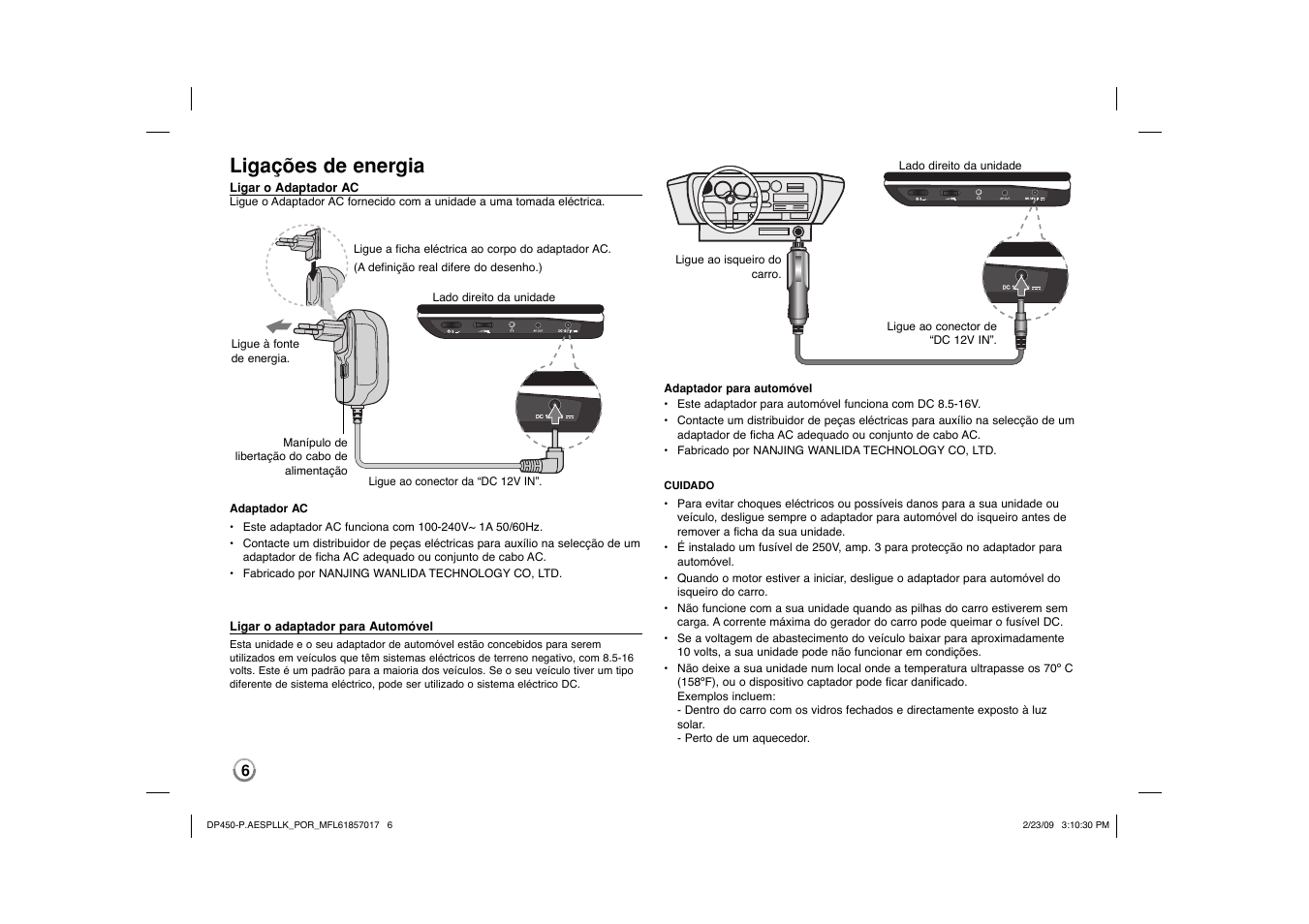 Ligações de energia | LG DP450 User Manual | Page 48 / 70