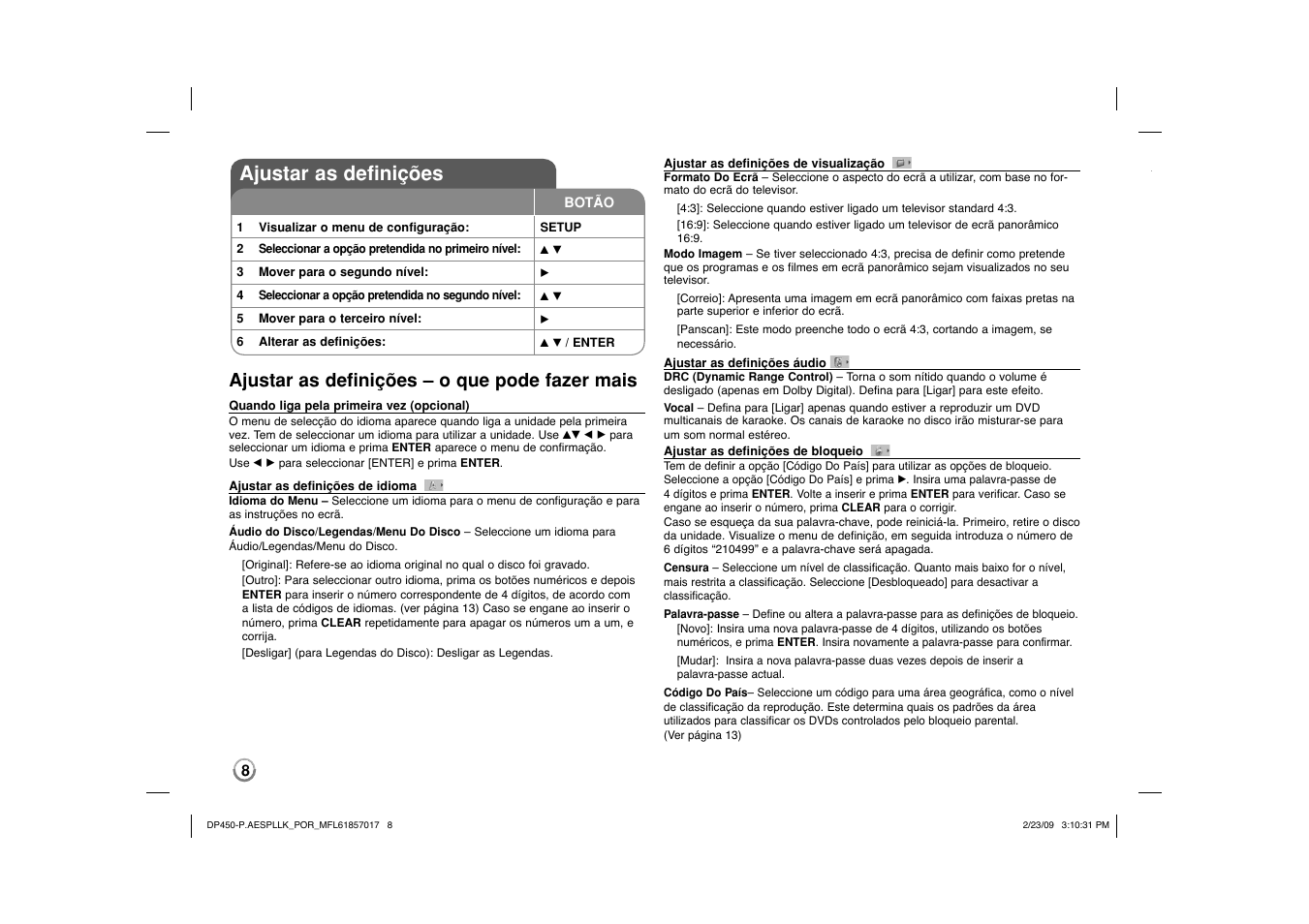 Ajustar as definições, Ajustar as definições – o que pode fazer mais | LG DP450 User Manual | Page 50 / 70