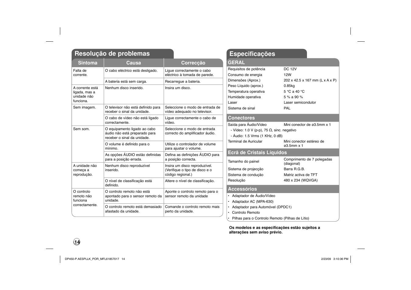 Resolução de problemas, Especificações | LG DP450 User Manual | Page 56 / 70