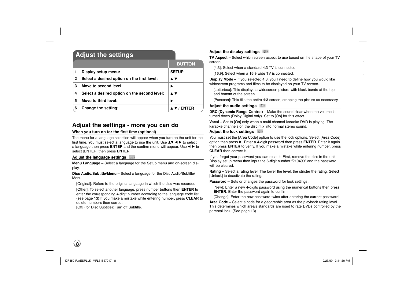 Adjust the settings, Adjust the settings - more you can do | LG DP450 User Manual | Page 8 / 70