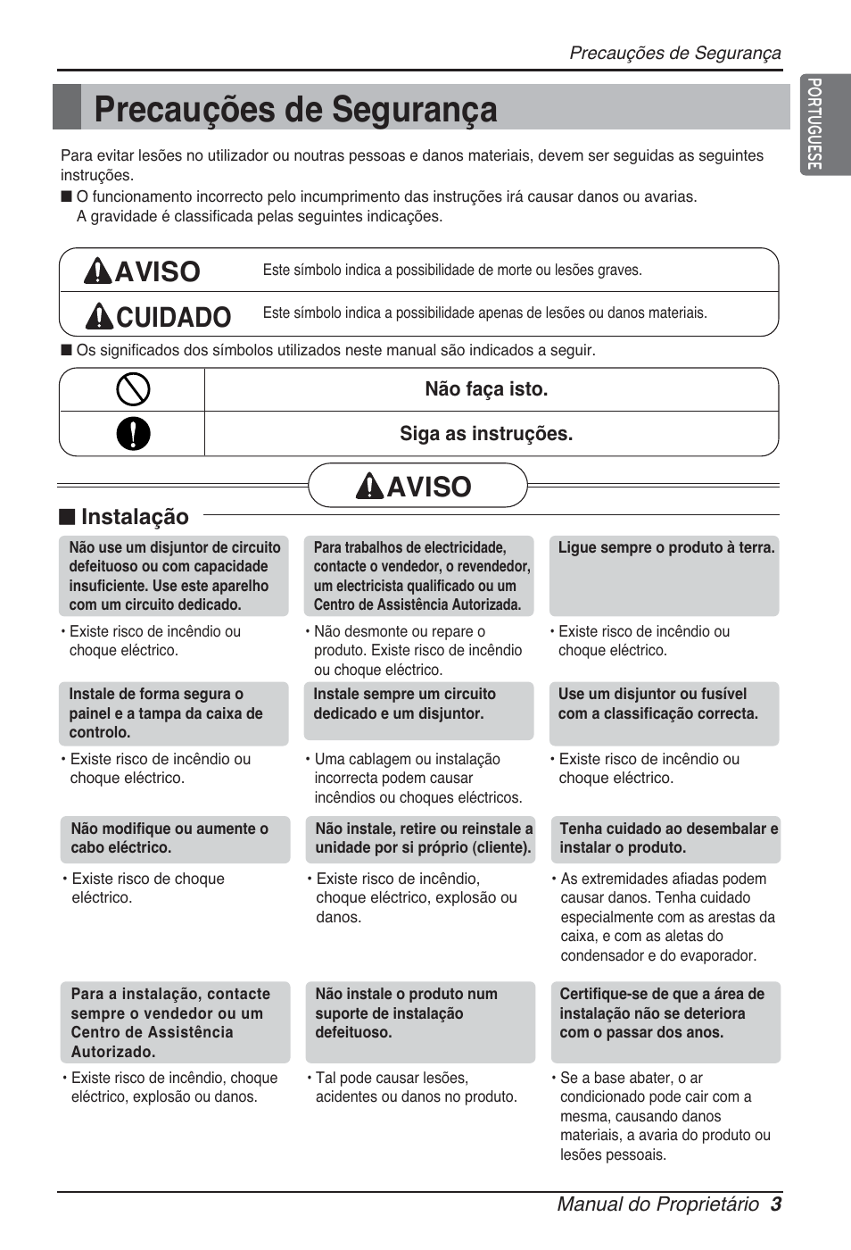 Precauções de segurança, Aviso cuidado, Aviso | N instalação | LG ARNU24GL3G2 User Manual | Page 102 / 190