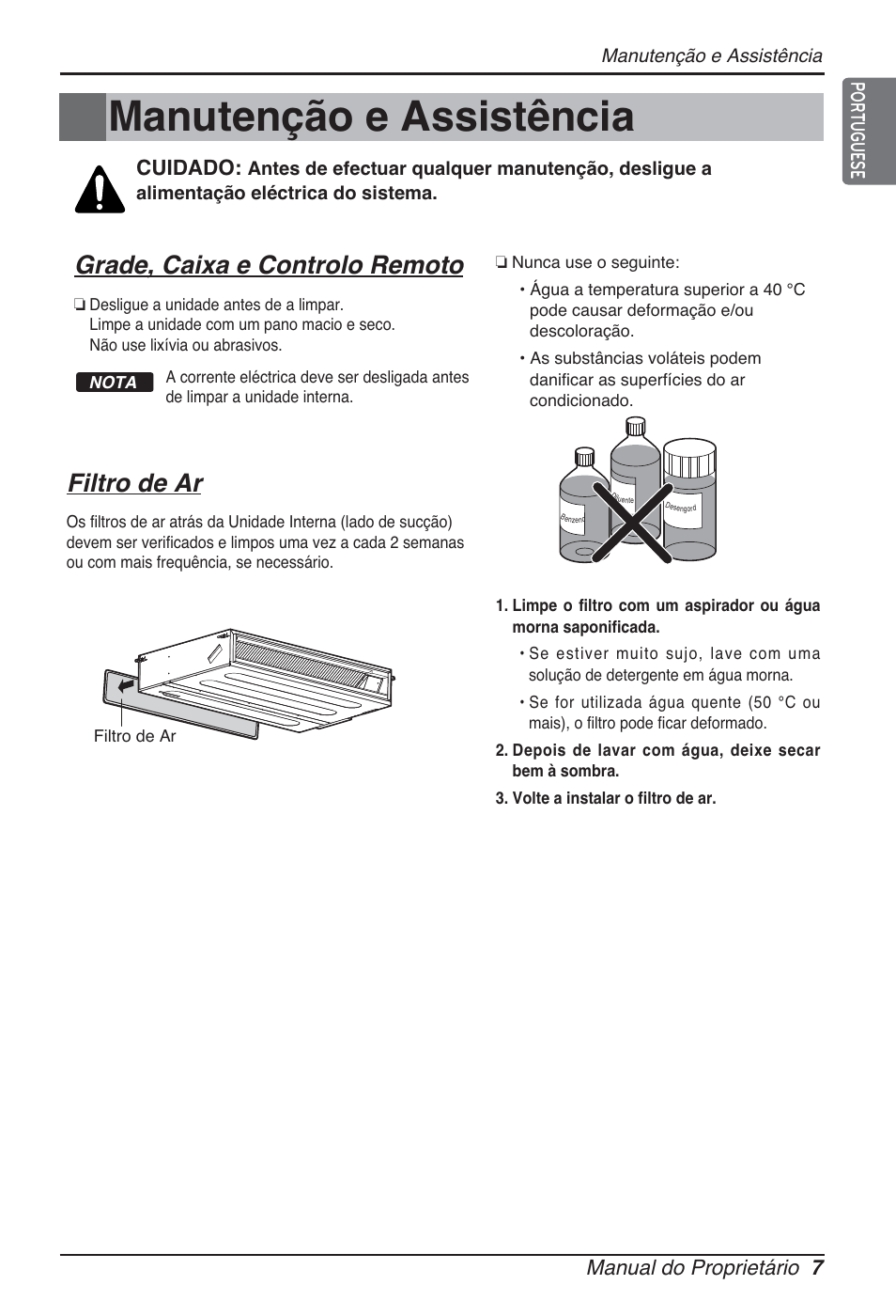 Manutenção e assistência, Grade, caixa e controlo remoto, Filtro de ar | Manual do proprietário 7, Cuidado, Portuguese | LG ARNU24GL3G2 User Manual | Page 106 / 190