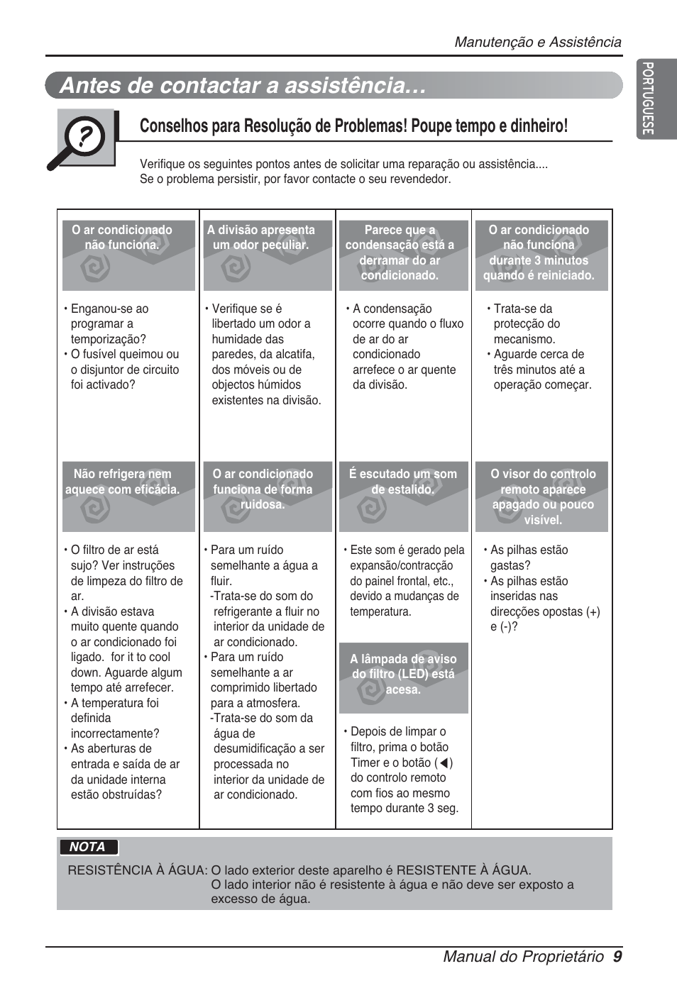 Antes de contactar a assistência, Manual do proprietário 9, Portuguese | LG ARNU24GL3G2 User Manual | Page 108 / 190