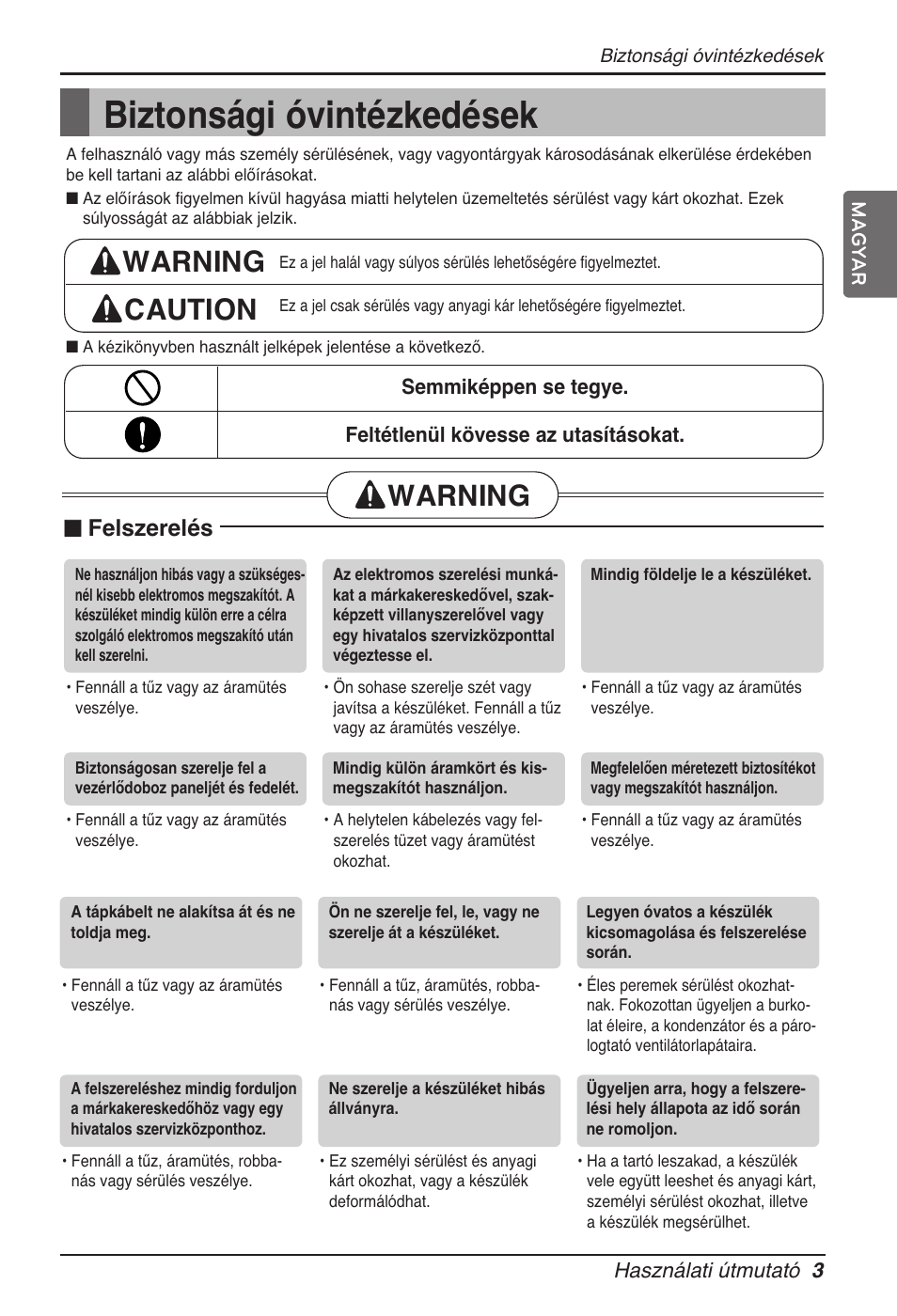 Biztonsági óvintézkedések, Warning, Warning caution | N felszerelés | LG ARNU24GL3G2 User Manual | Page 112 / 190