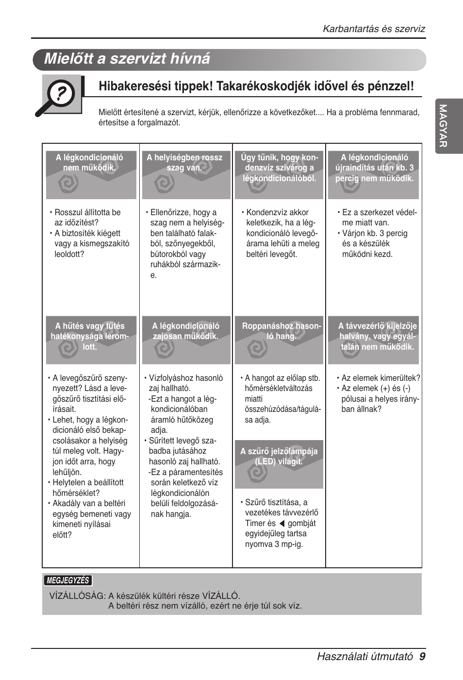 Mielőtt a szervizt hívná, Használati útmutató 9, Magyar | LG ARNU24GL3G2 User Manual | Page 118 / 190