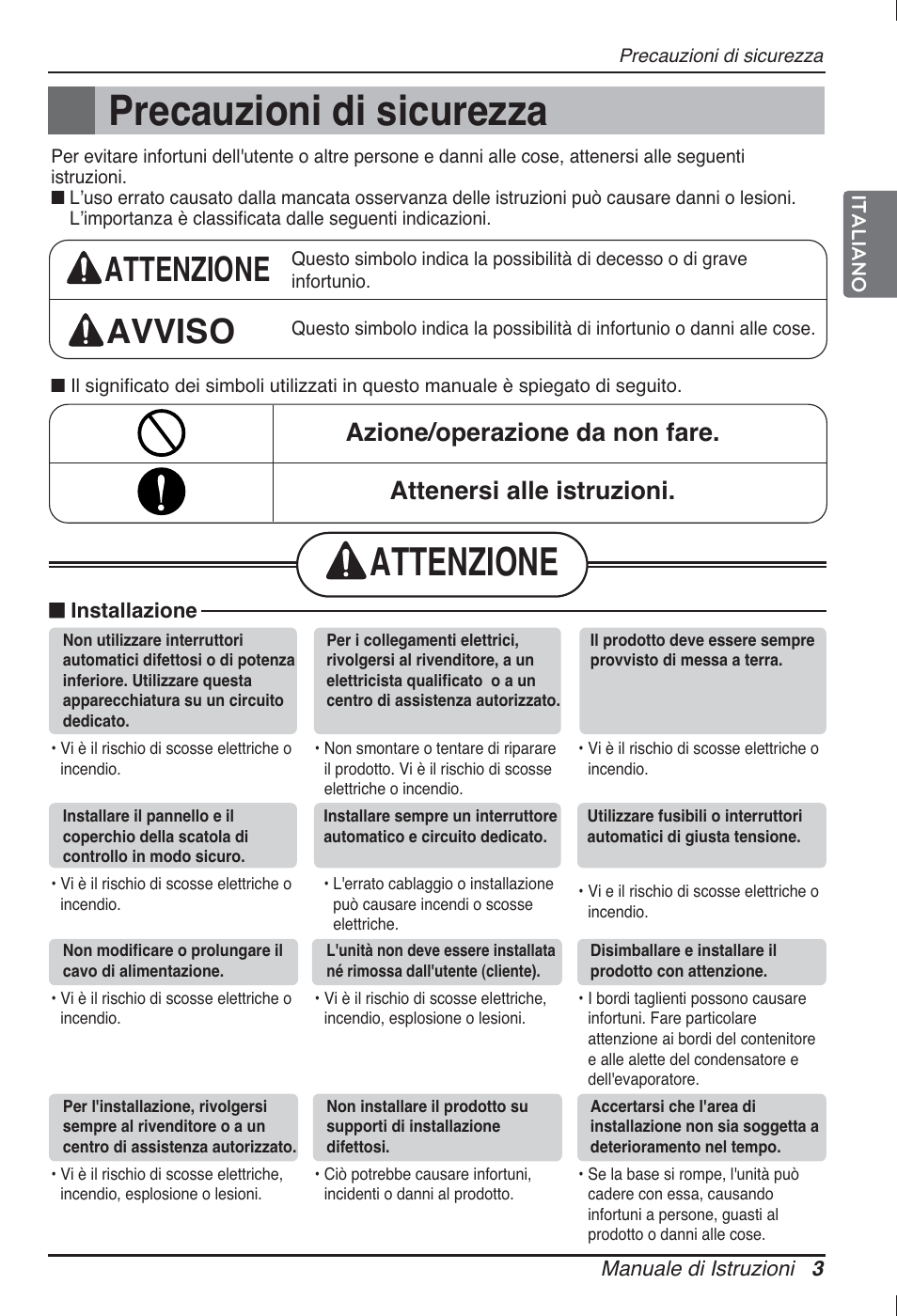 Precauzioni di sicurezza, Attenzione, Attenzione avviso | LG ARNU24GL3G2 User Manual | Page 13 / 190