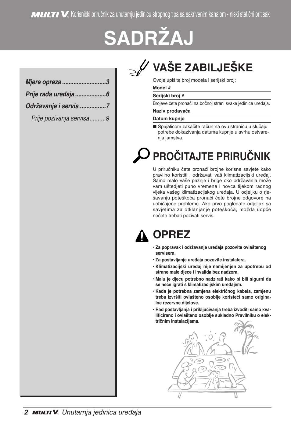 Sadržaj, Vaše zabilješke, Pročitajte priručnik | Oprez | LG ARNU24GL3G2 User Manual | Page 141 / 190