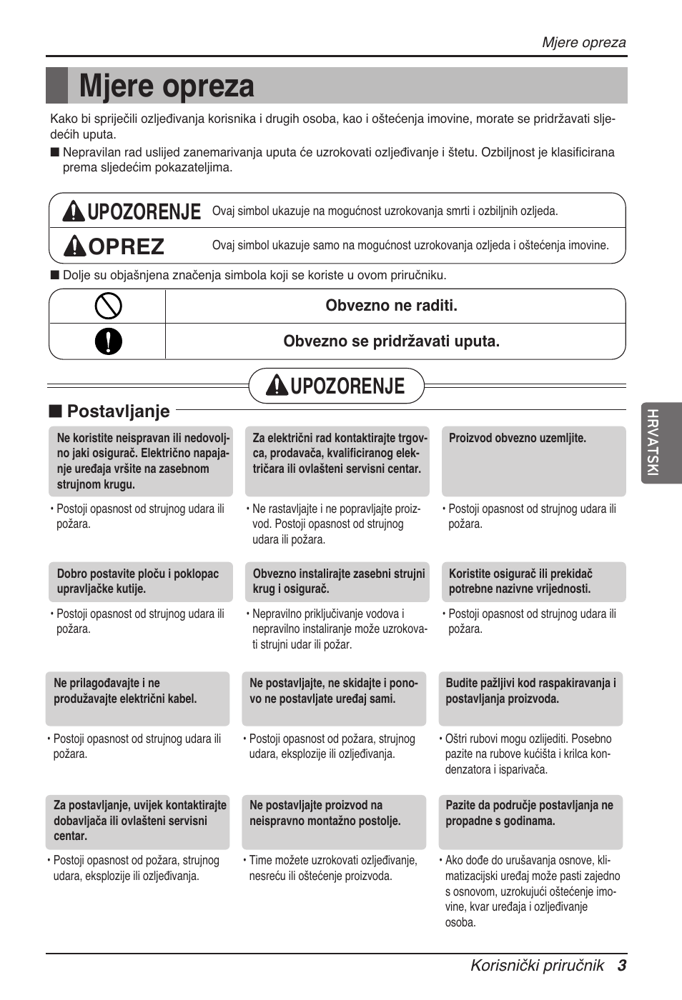 Mjere opreza, Upozorenje oprez, Upozorenje | N postavljanje | LG ARNU24GL3G2 User Manual | Page 142 / 190