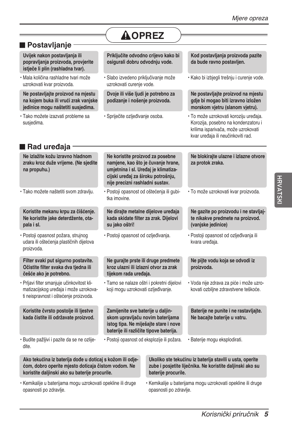 Oprez, N postavljanje, N rad uređaja | Korisnički priručnik 5 hrvatski | LG ARNU24GL3G2 User Manual | Page 144 / 190