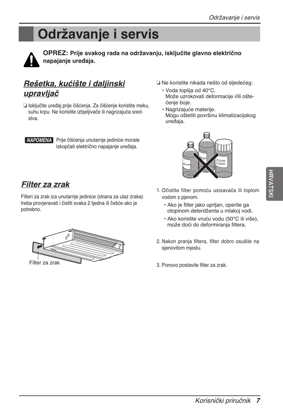 Održavanje i servis, Rešetka, kućište i daljinski upravljač, Filter za zrak | Korisnički priručnik 7, Oprez, Hrvatski | LG ARNU24GL3G2 User Manual | Page 146 / 190