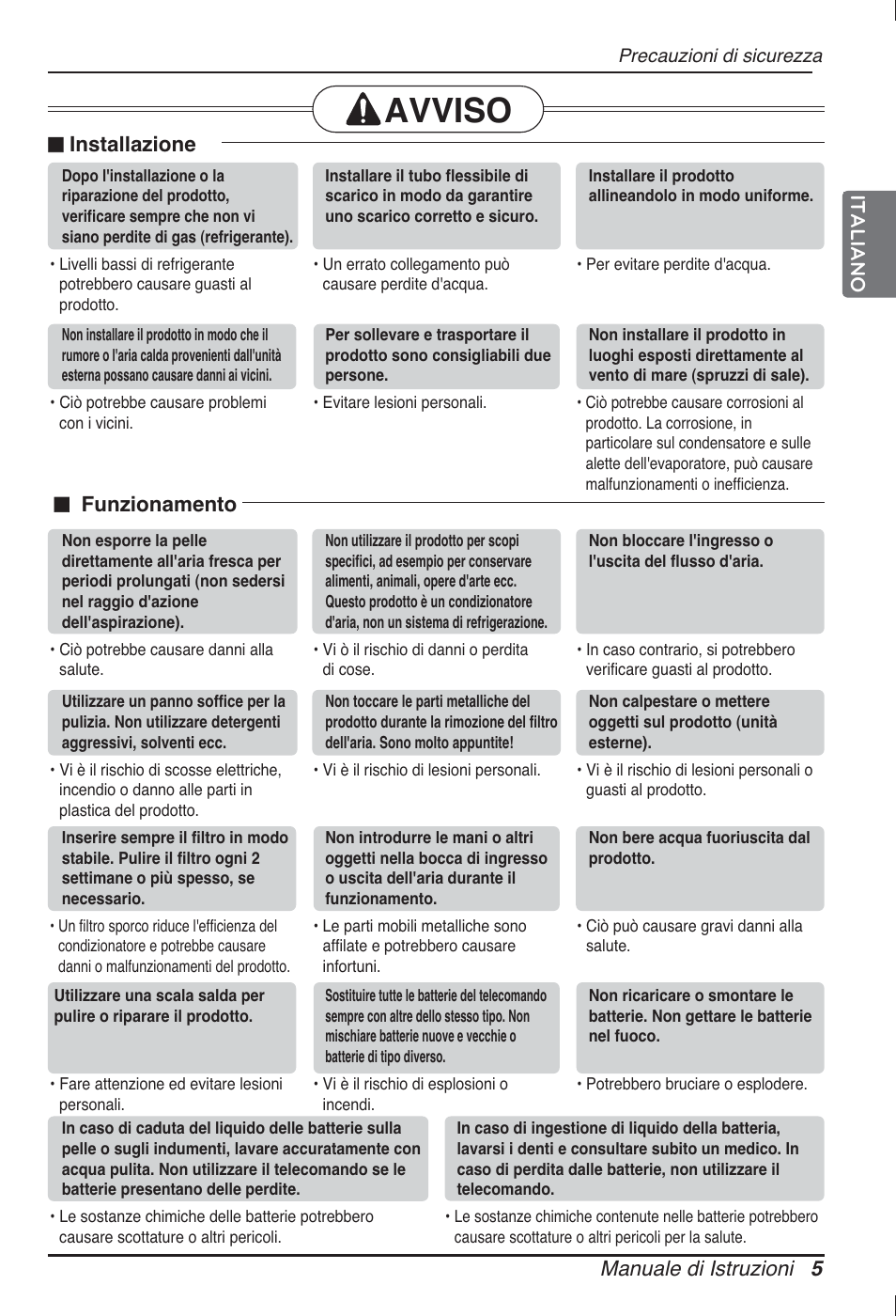 Avviso, Manuale di istruzioni 5 italiano n installazione, N funzionamento | LG ARNU24GL3G2 User Manual | Page 15 / 190