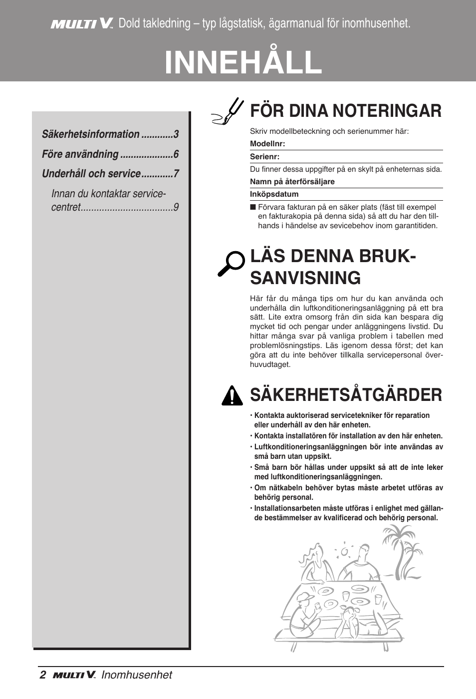 Innehåll, Läs denna bruk- sanvisning, Säkerhetsåtgärder | LG ARNU24GL3G2 User Manual | Page 151 / 190