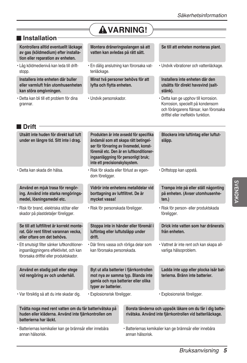 Varning, N installation, N drift | Bruksanvisning 5 svendka | LG ARNU24GL3G2 User Manual | Page 154 / 190