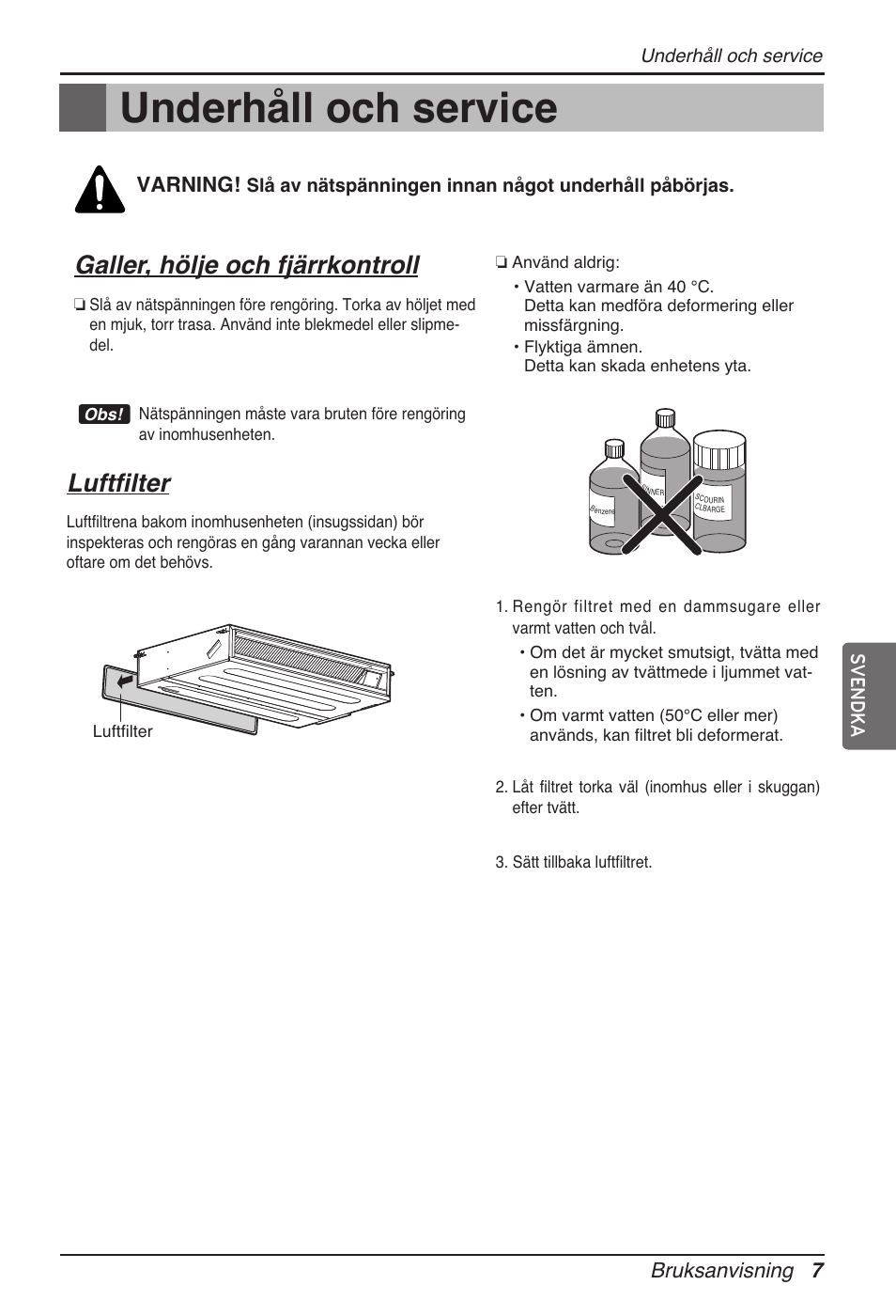 Underhåll och service, Galler, hölje och fjärrkontroll, Luftfilter | Bruksanvisning 7, Varning, Svendka | LG ARNU24GL3G2 User Manual | Page 156 / 190