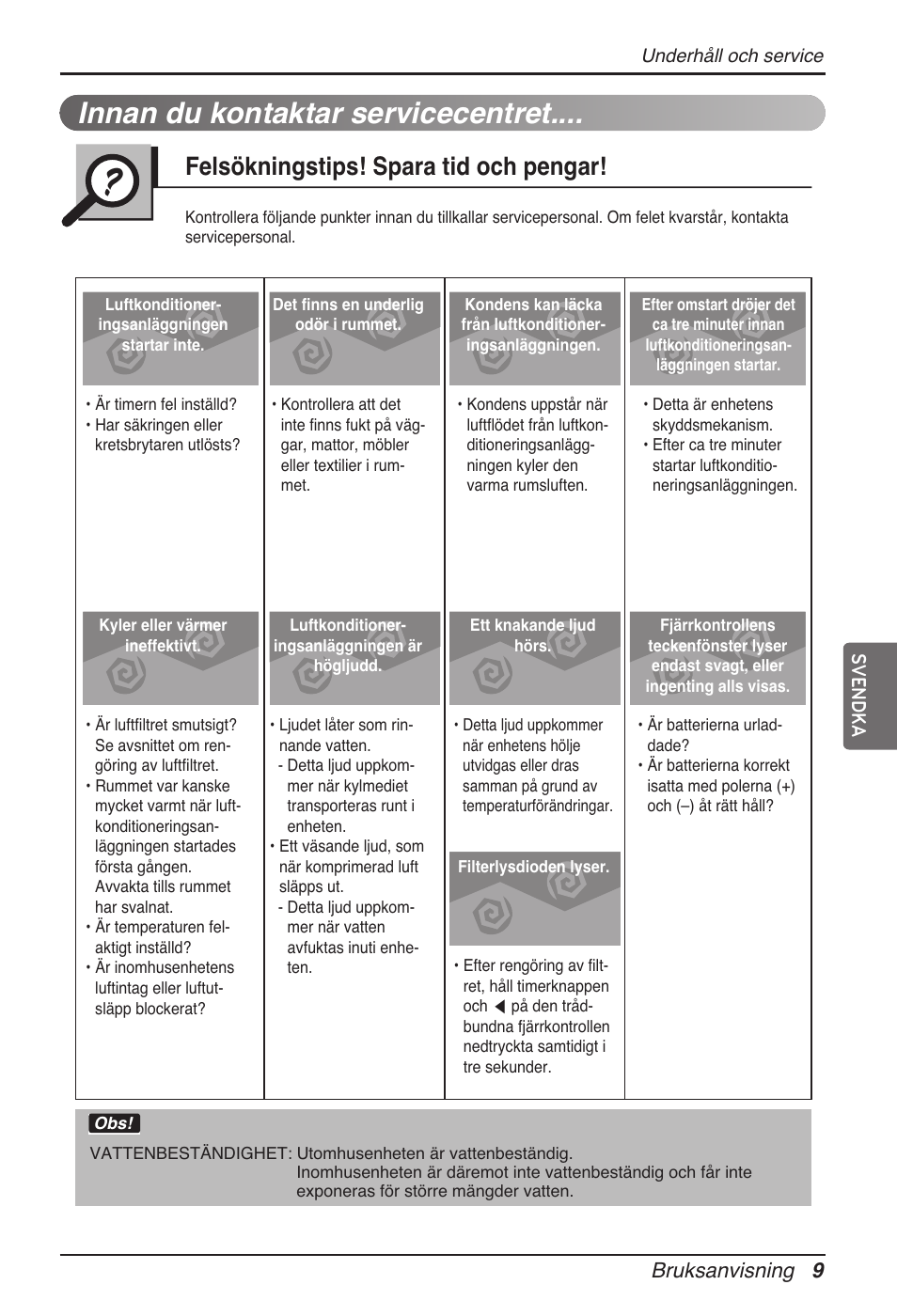 Innan du kontaktar servicecentret, Felsökningstips! spara tid och pengar, Bruksanvisning 9 | Svendka | LG ARNU24GL3G2 User Manual | Page 158 / 190