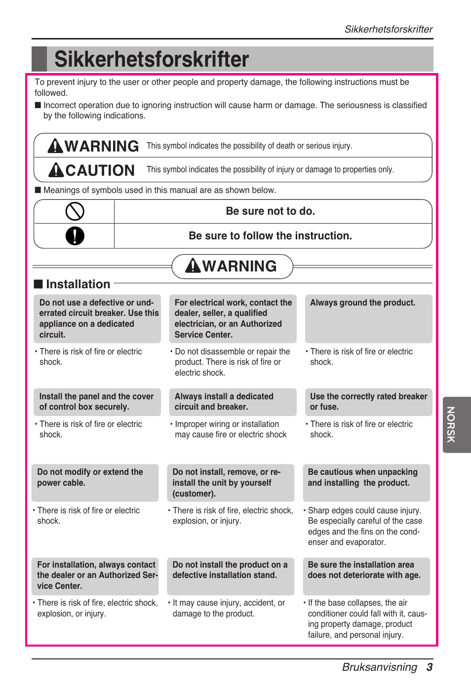 Sikkerhetsforskrifter, Warning caution, Warning | N installation | LG ARNU24GL3G2 User Manual | Page 162 / 190