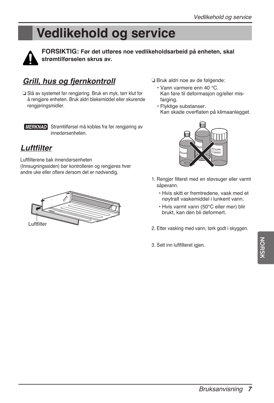 Vedlikehold og service, Grill, hus og fjernkontroll, Luftfilter | Bruksanvisning 7, Forsiktig, Norsk | LG ARNU24GL3G2 User Manual | Page 166 / 190