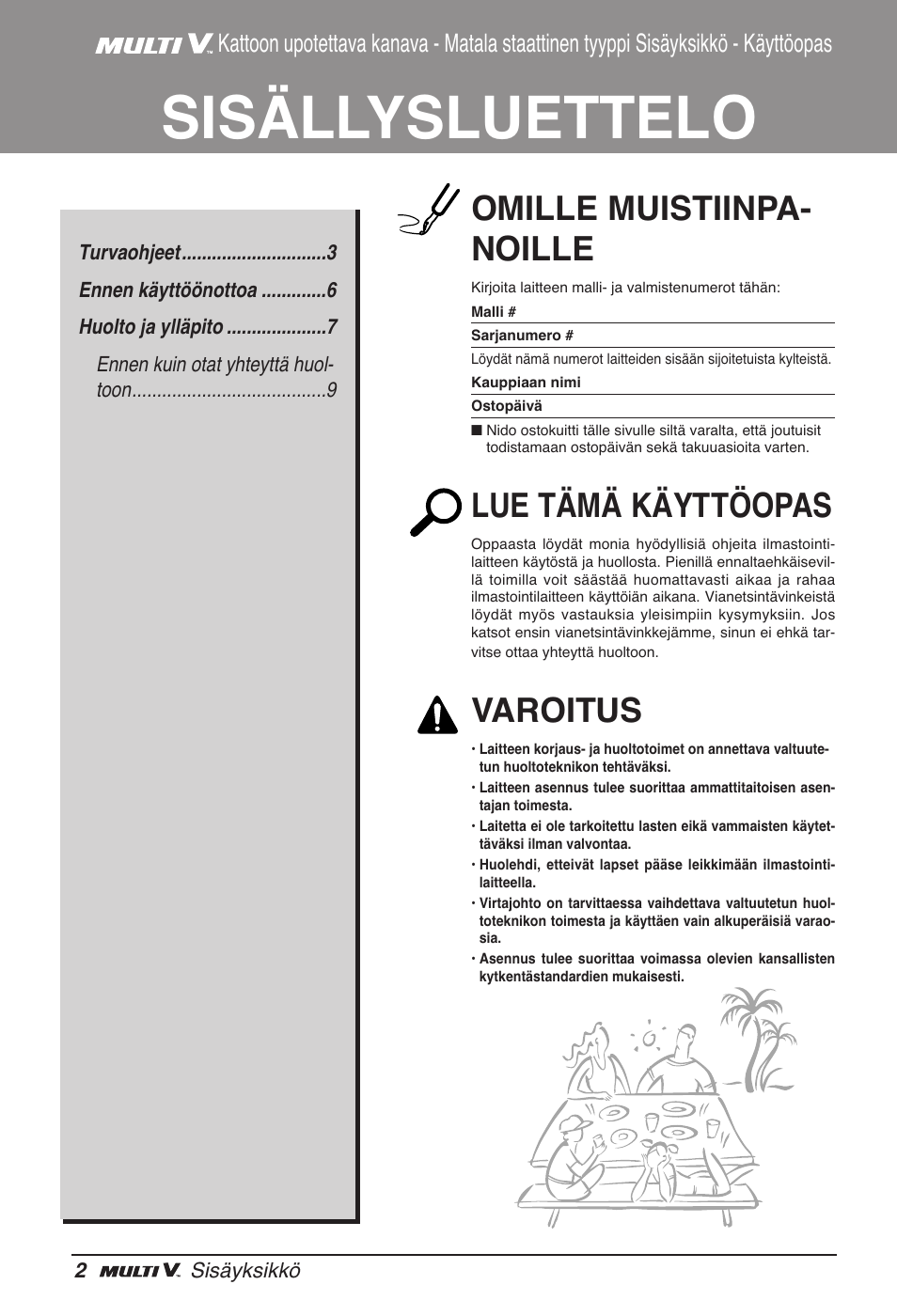 Sisällysluettelo, Omille muistiinpa- noille, Lue tämä käyttöopas | Varoitus | LG ARNU24GL3G2 User Manual | Page 171 / 190