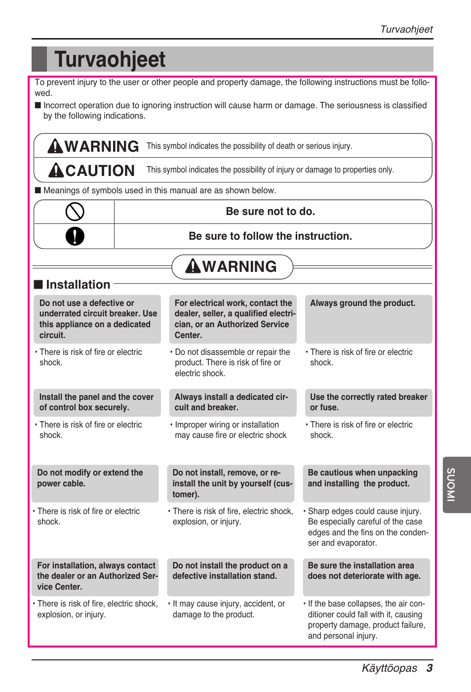 Turvaohjeet, Warning caution, Warning | N installation | LG ARNU24GL3G2 User Manual | Page 172 / 190