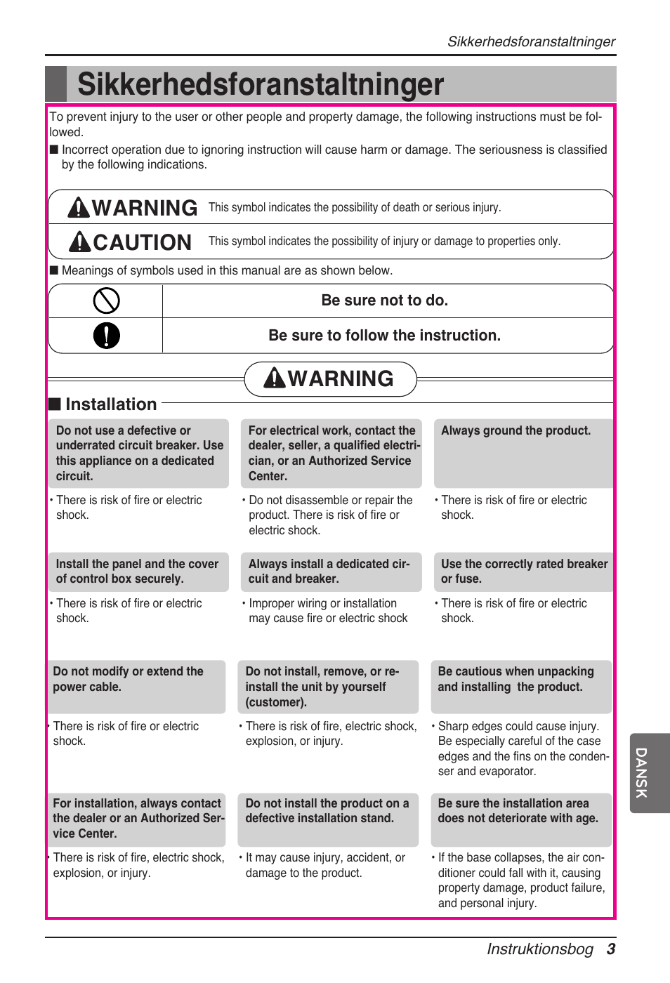 Sikkerhedsforanstaltninger, Warning caution, Warning | N installation | LG ARNU24GL3G2 User Manual | Page 182 / 190