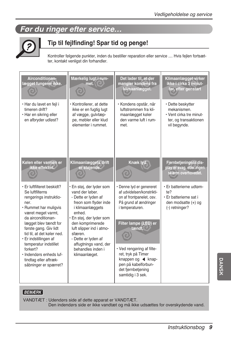 Før du ringer efter service, Tip til fejlfinding! spar tid og penge, Instruktionsbog 9 | Dansk | LG ARNU24GL3G2 User Manual | Page 188 / 190