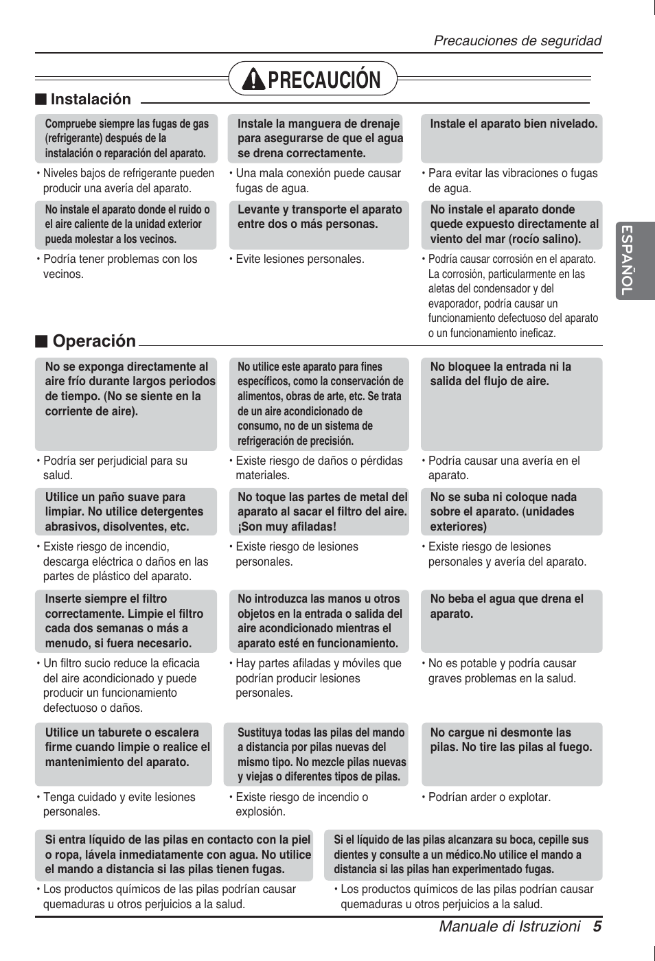 Precaución, N operación, Manuale di istruzioni 5 español | N instalación | LG ARNU24GL3G2 User Manual | Page 25 / 190