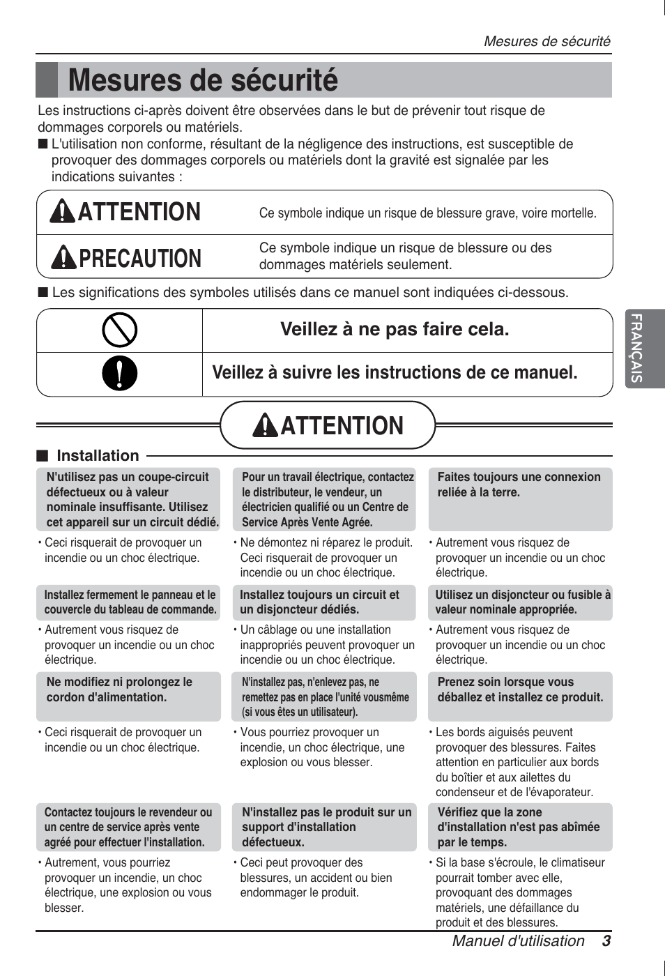 Mesures de sécurité, Attention precaution, Attention | LG ARNU24GL3G2 User Manual | Page 33 / 190