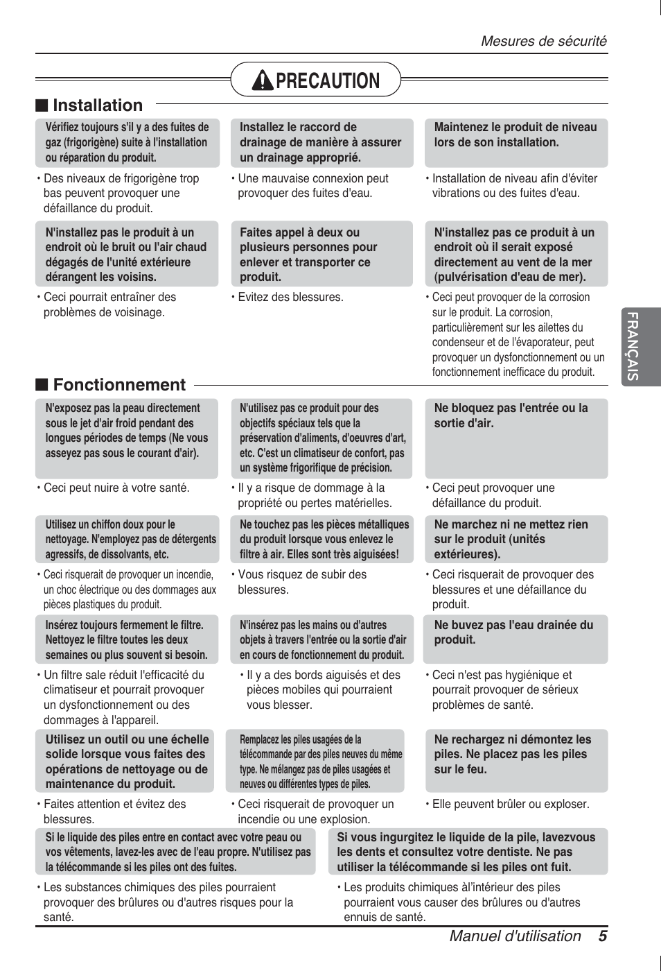 Precaution, N installation, N fonctionnement | Manuel d'utilisation 5 français | LG ARNU24GL3G2 User Manual | Page 35 / 190