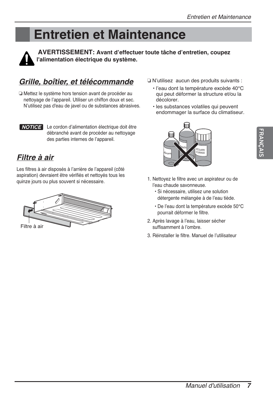 Entretien et maintenance, Grille, boîtier, et télécommande, Filtre à air | Manuel d'utilisation 7, Avertissement, Français | LG ARNU24GL3G2 User Manual | Page 37 / 190