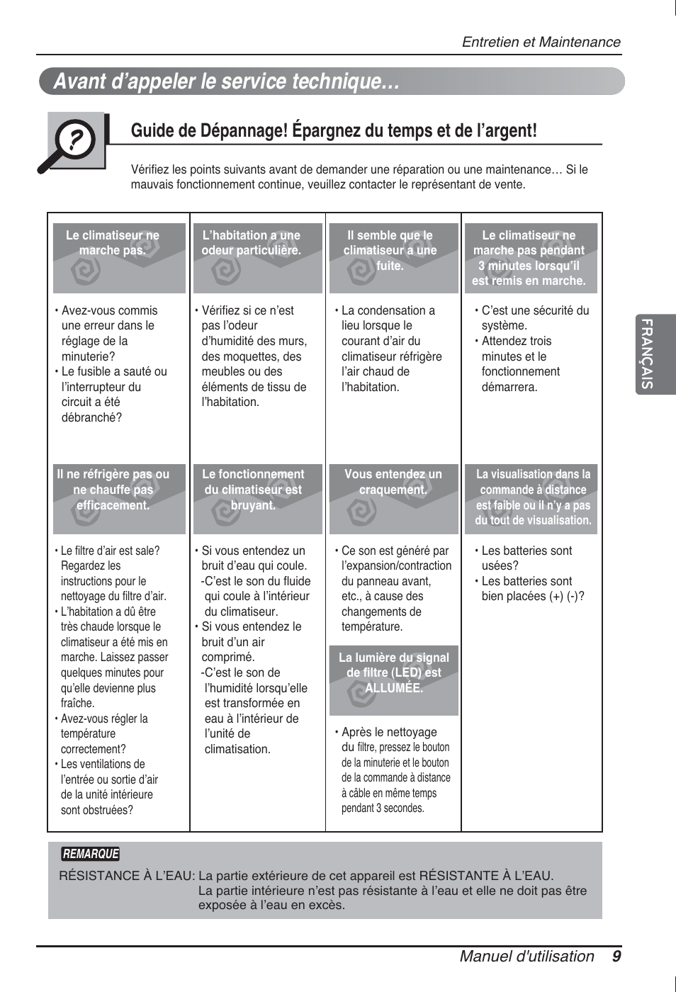 Avant dʼappeler le service technique, Manuel d'utilisation 9 français | LG ARNU24GL3G2 User Manual | Page 39 / 190