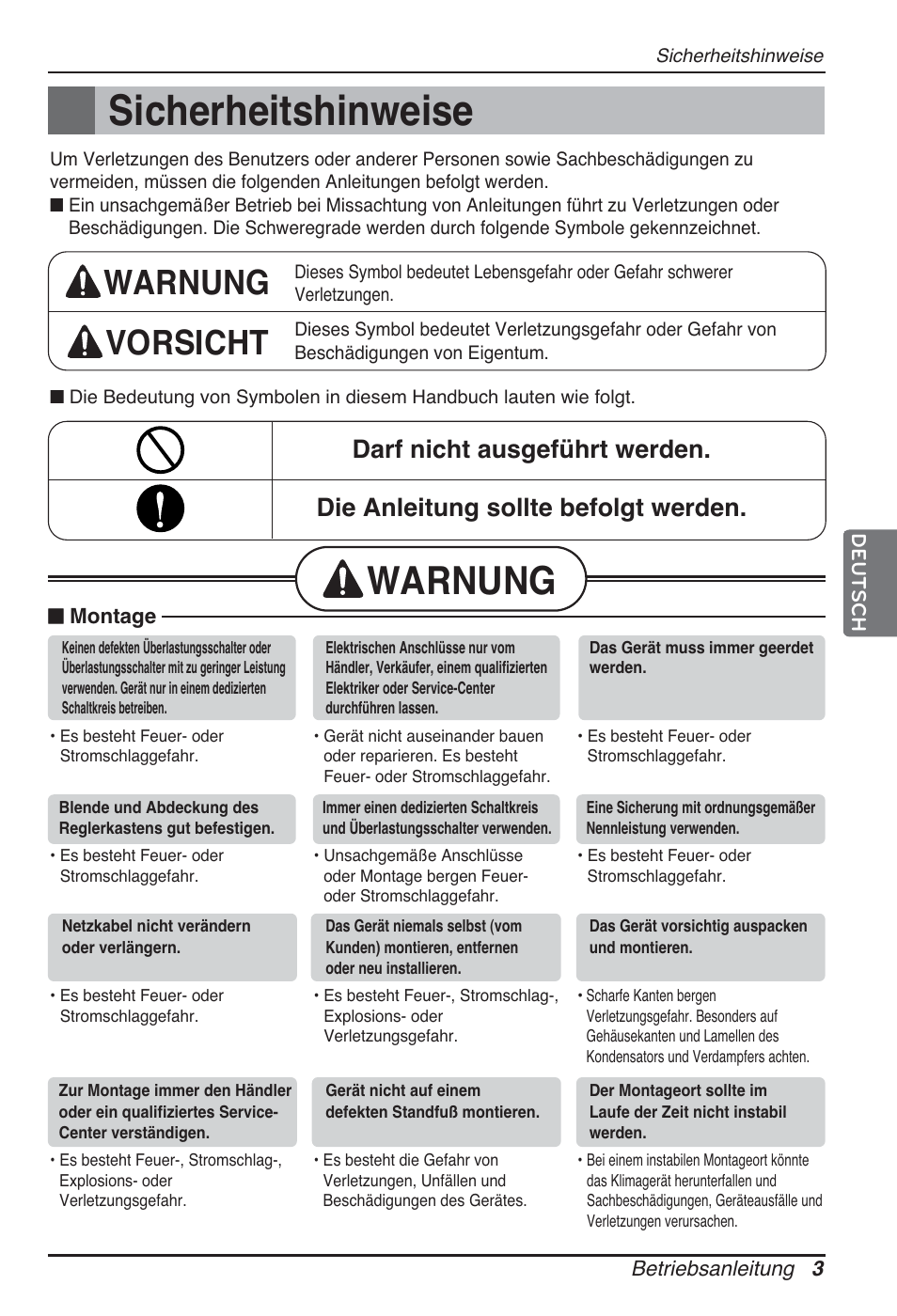 Sicherheitshinweise, Warnung, Warnung vorsicht | LG ARNU24GL3G2 User Manual | Page 43 / 190