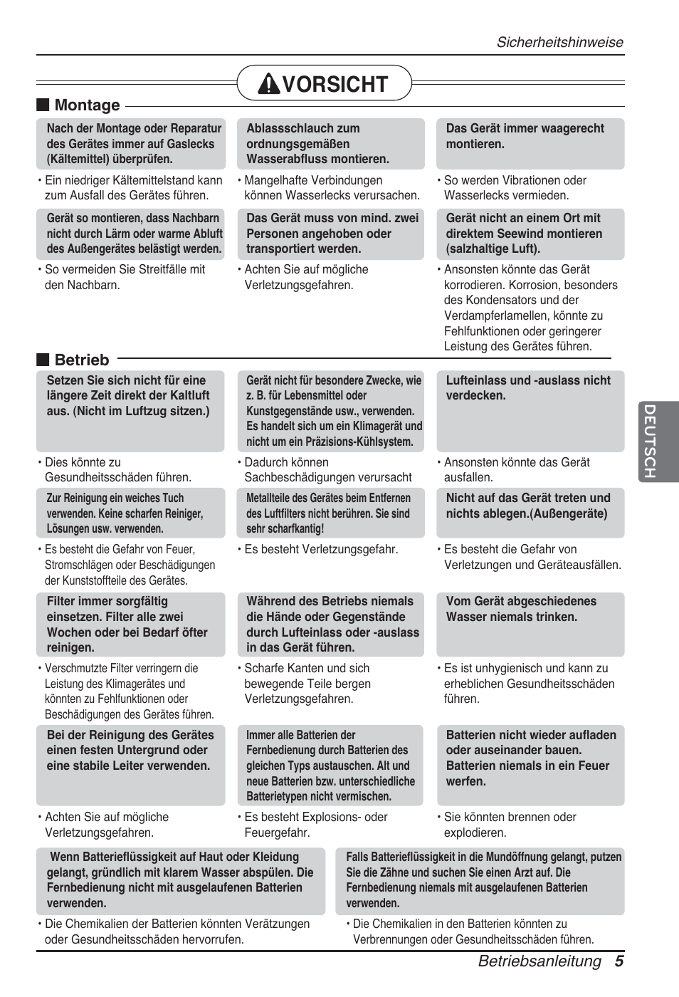 Vorsicht, Betriebsanleitung 5 deutsch, Montage | Betrieb | LG ARNU24GL3G2 User Manual | Page 45 / 190