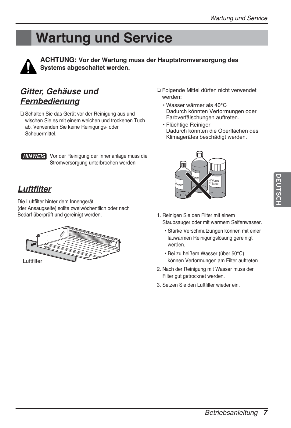 Wartung und service, Gitter, gehäuse und fernbedienung, Luftfilter | Betriebsanleitung 7, Achtung, Deutsch | LG ARNU24GL3G2 User Manual | Page 47 / 190