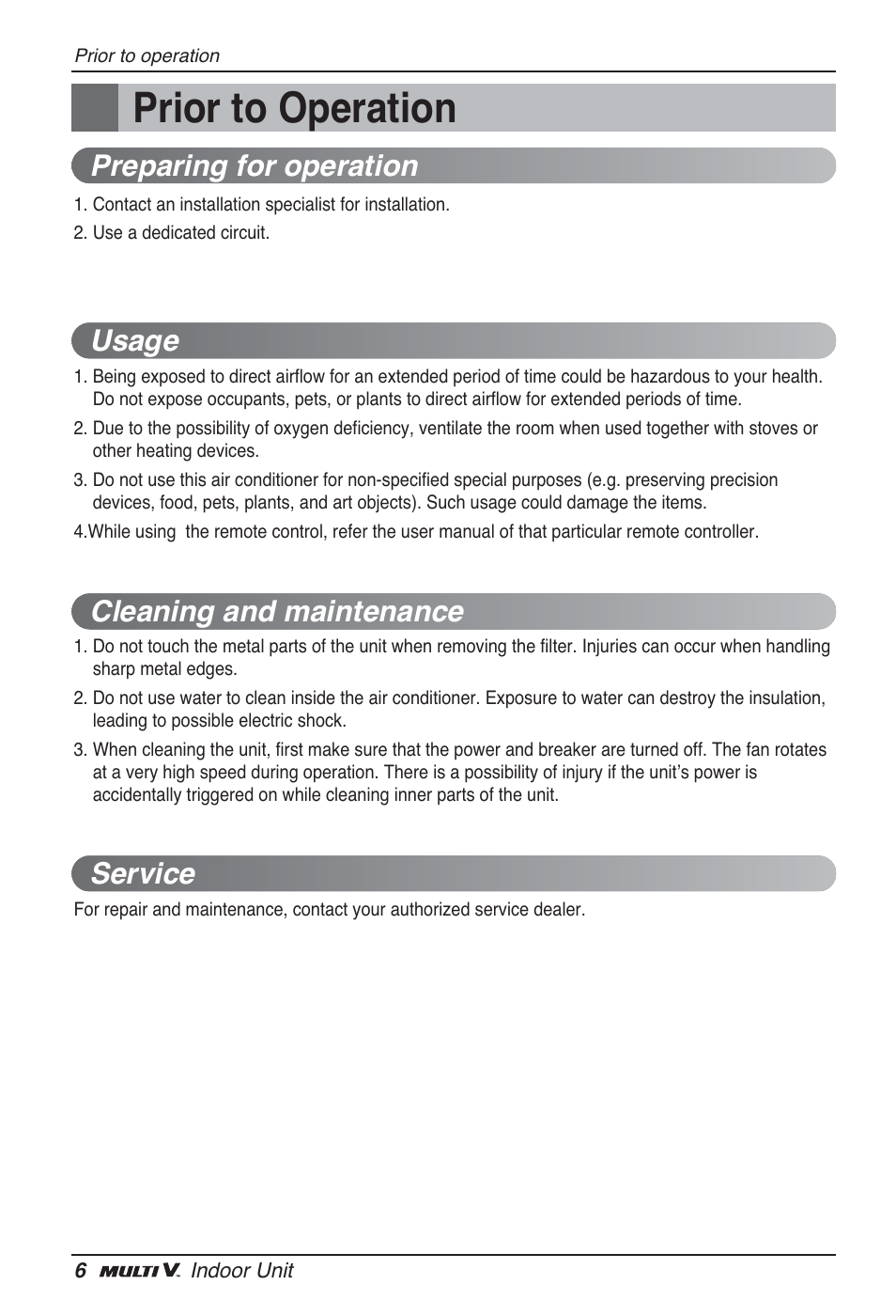 Prior to operation | LG ARNU24GL3G2 User Manual | Page 6 / 190