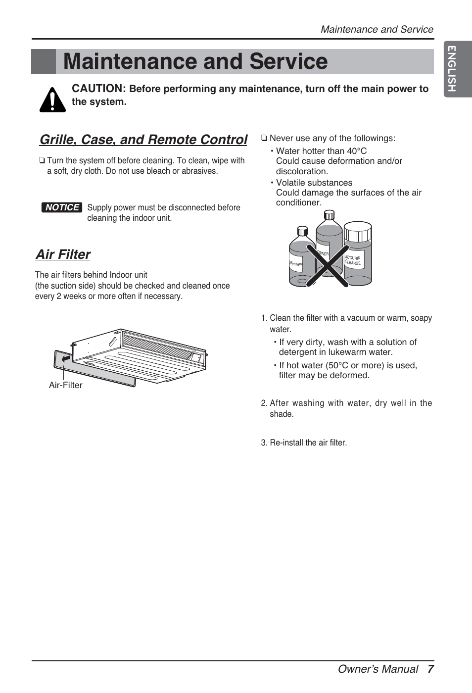 Maintenance and service, Grille, case, and remote control, Air filter | Ownerʼs manual 7, Caution, English | LG ARNU24GL3G2 User Manual | Page 7 / 190