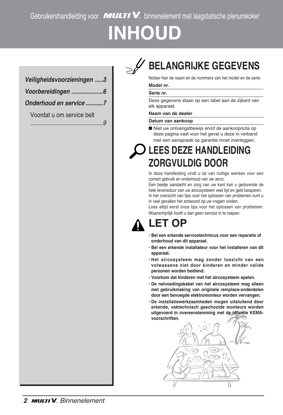 Inhoud, Belangrijke gegevens, Lees deze handleiding zorgvuldig door | Let op | LG ARNU24GL3G2 User Manual | Page 72 / 190