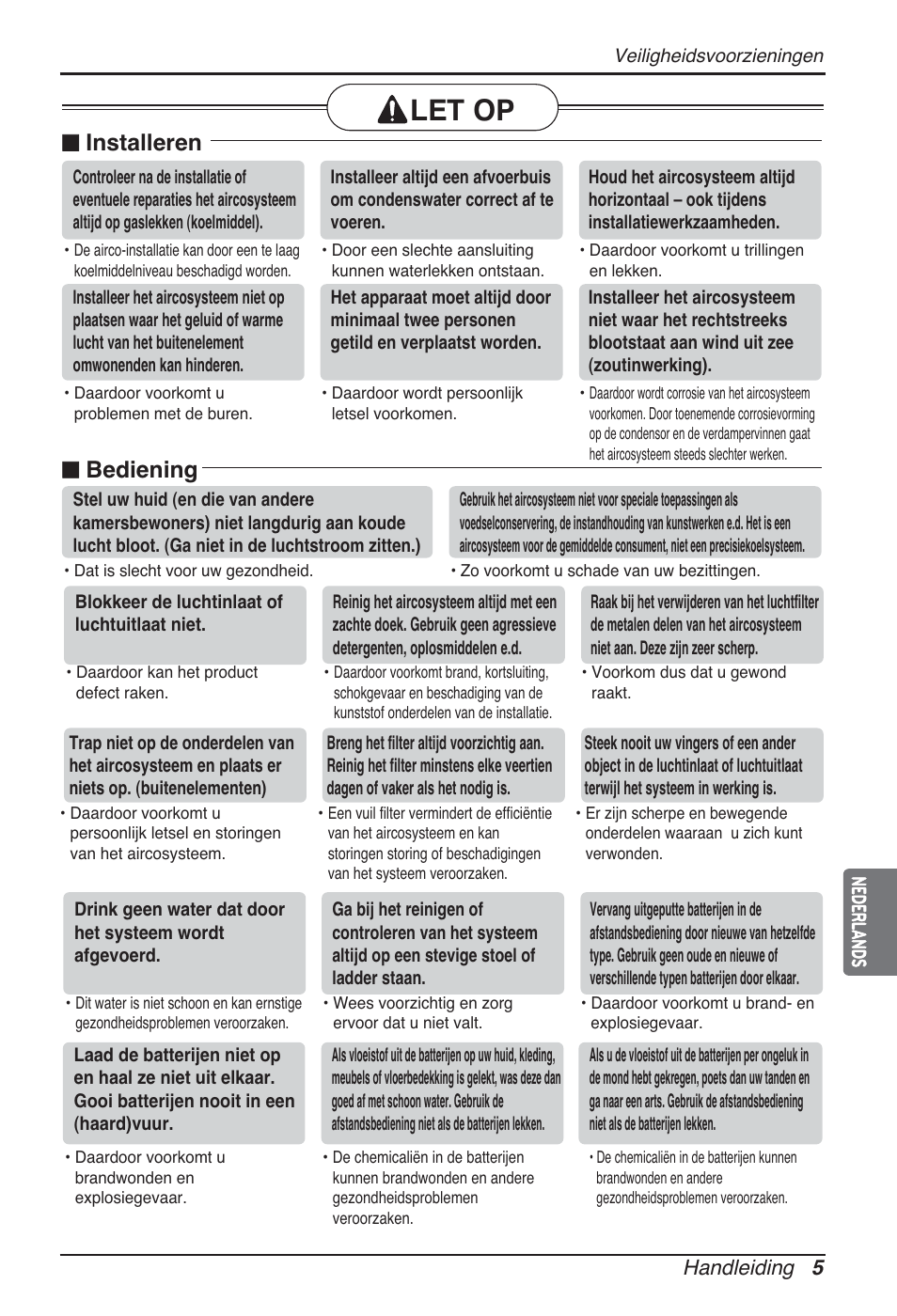 Let op, N installeren, N bediening | LG ARNU24GL3G2 User Manual | Page 75 / 190