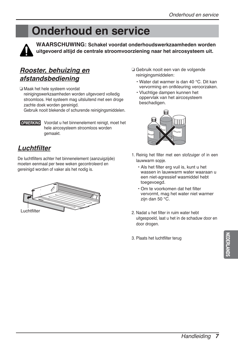 Onderhoud en service, Rooster, behuizing en afstandsbediening, Luchtfilter | Handleiding 7, Waarschuwing, Nederlands | LG ARNU24GL3G2 User Manual | Page 77 / 190