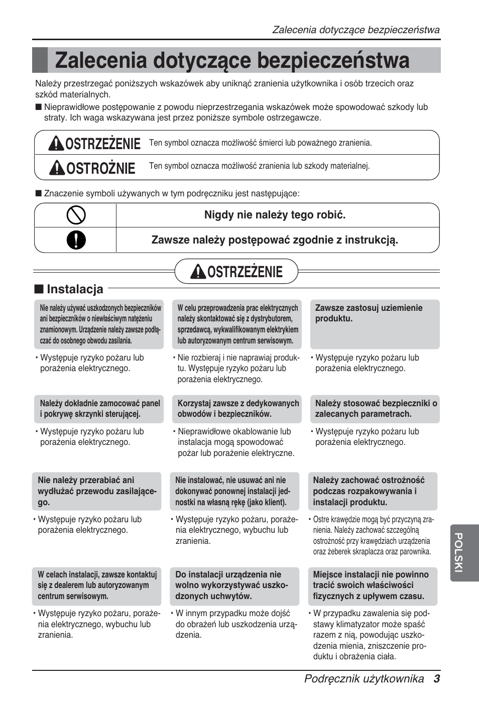 Zalecenia dotyczące bezpieczeństwa, Ostrzeżenie ostrożnie, Ostrzeżenie | N instalacja | LG ARNU24GL3G2 User Manual | Page 83 / 190