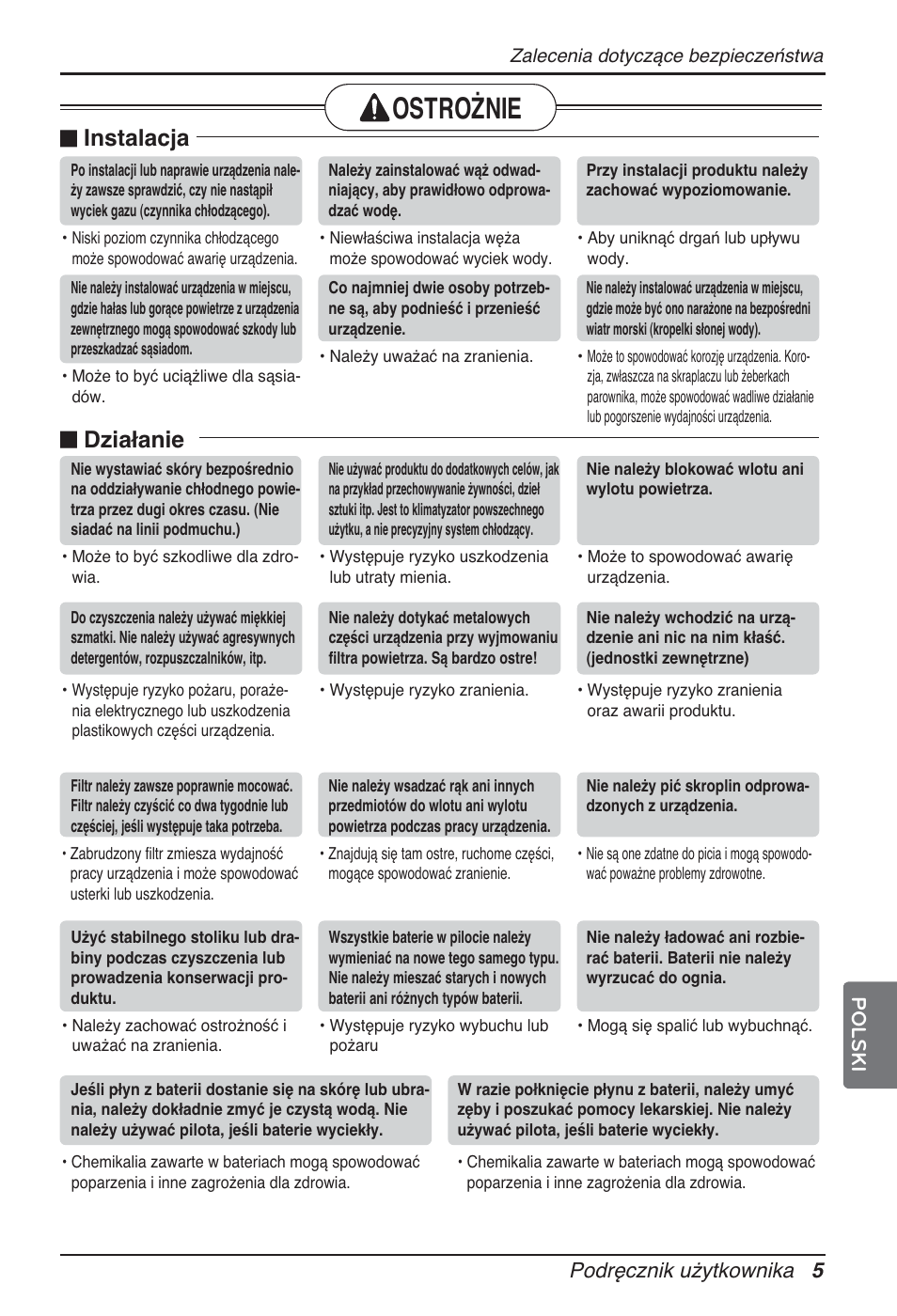 Ostrożnie, N instalacja, N działanie | Podręcznik użytkownika 5 polski | LG ARNU24GL3G2 User Manual | Page 85 / 190