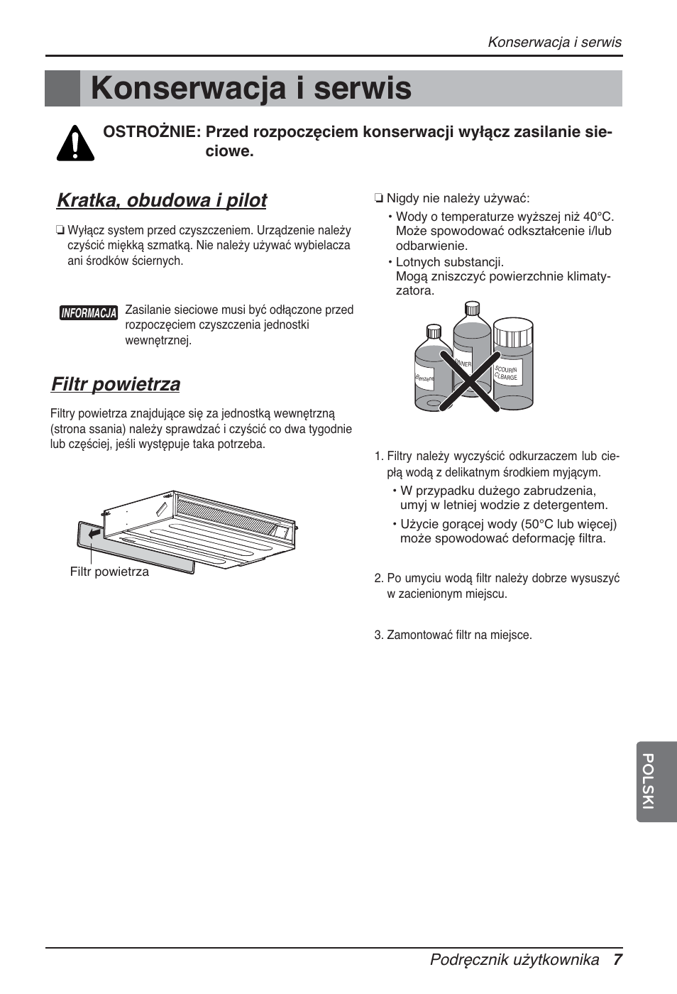 Konserwacja i serwis, Kratka, obudowa i pilot, Filtr powietrza | Podręcznik użytkownika 7 | LG ARNU24GL3G2 User Manual | Page 87 / 190