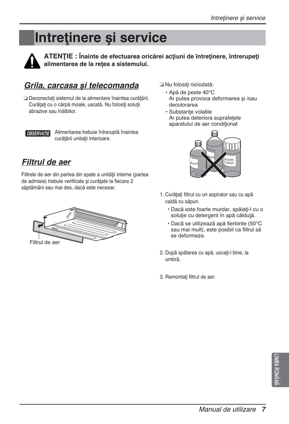 Intreţinere şi service, Grila, carcasa şi telecomanda, Filtrul de aer | Manual de utilizare 7, Atenţie, Limba română | LG ARNU24GL3G2 User Manual | Page 97 / 190