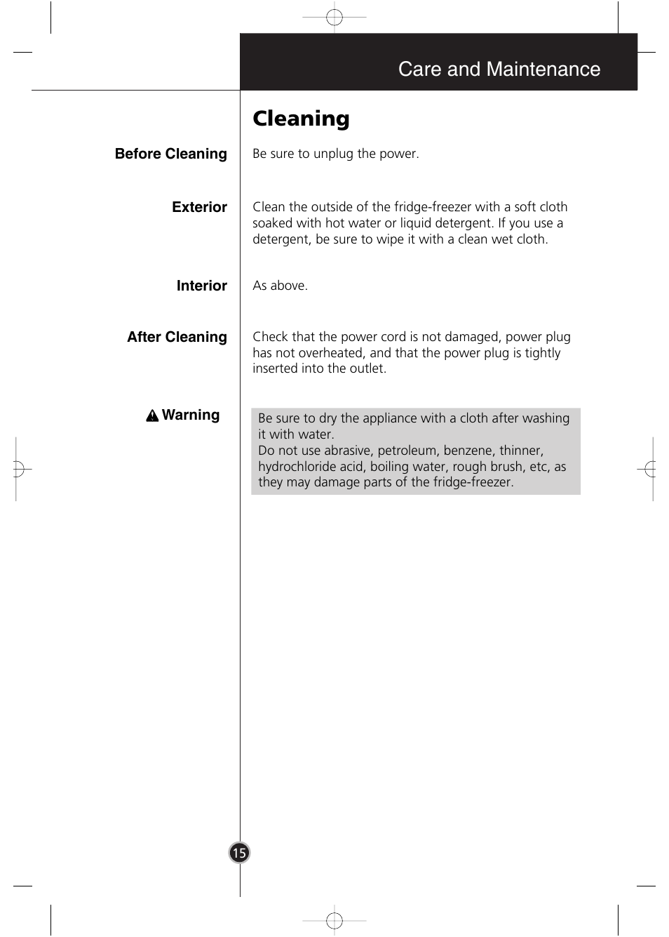 Cleaning, Care and maintenance | LG GR-3992EW User Manual | Page 14 / 57